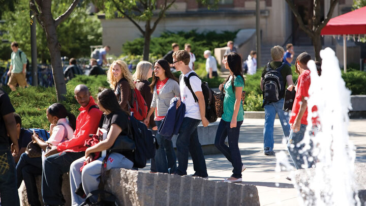 Students by fountain