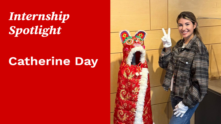 Person poses with a colorful lion costume; text saying "Internship Spotlight Catherine Day" appears.